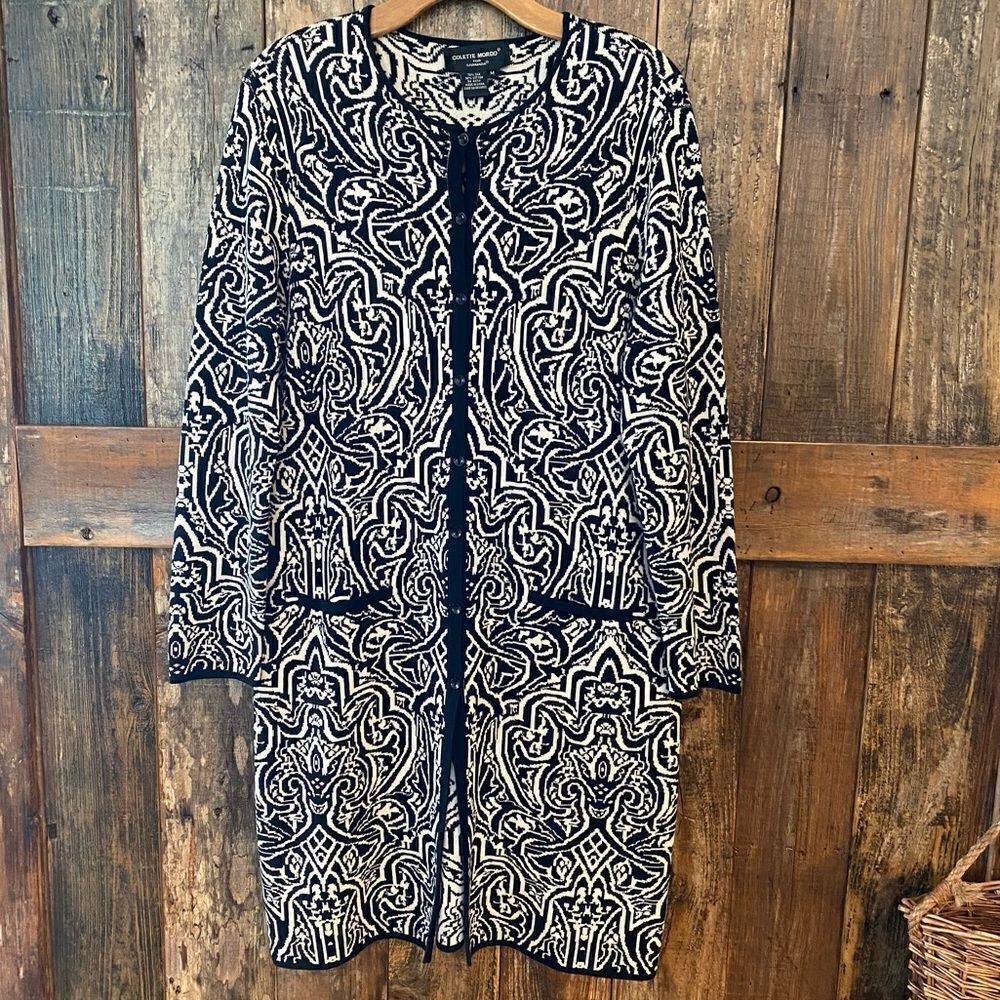 Colette Mordo Sadimara Sz M Black White Jacquard Knit Midi Button Sweater Jacket - Picture 9 of 12